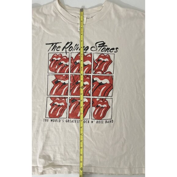 H&M The Rolling Stones T-Shirt Size XL Cream Lips Distressed Crop 100% Cotton - Picture 5 of 6